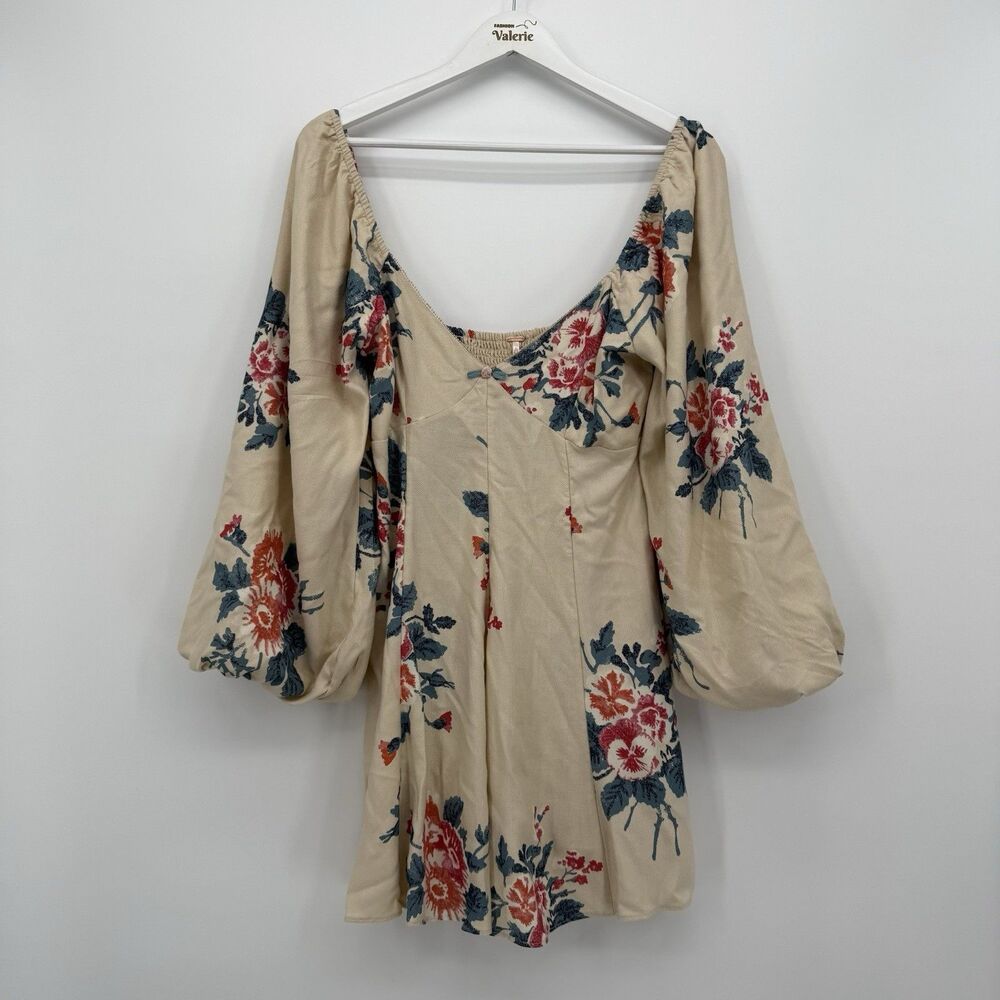 Free People Francesca Beige Colorful Floral Mini Dress Size Small Boho